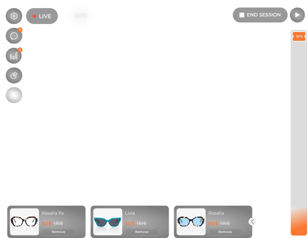 Live streaming interface showing 9,673 viewers and three discounted eyeglasses: Rosalia Rx, Livia, and Rosalia, each priced at $50 down from $130 with remove buttons below.